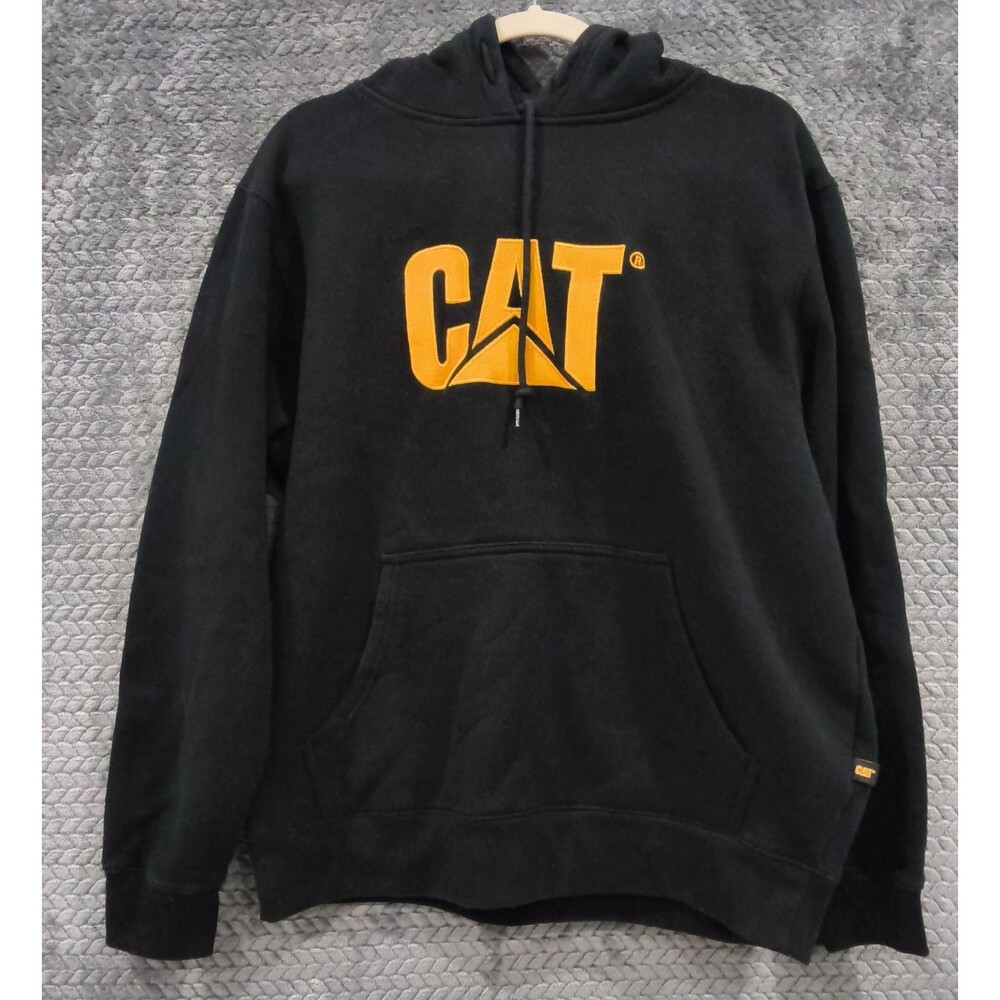 CAT Men's Black Fleece Pullover Hoodie Embroidered Logo Pockets Size L